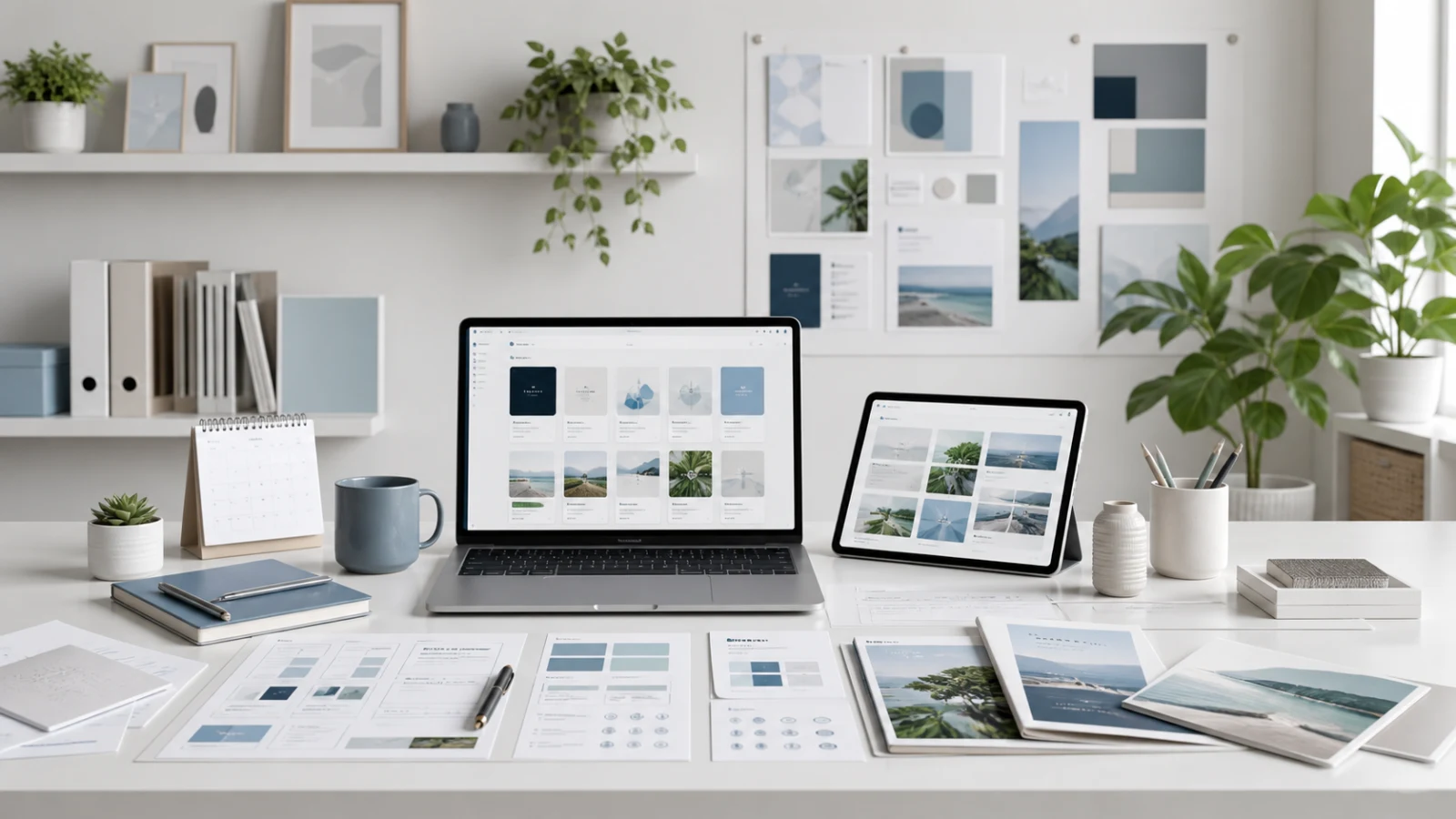 A wide bright workspace scene with organized digital resource previews, planning sheets, and devices.