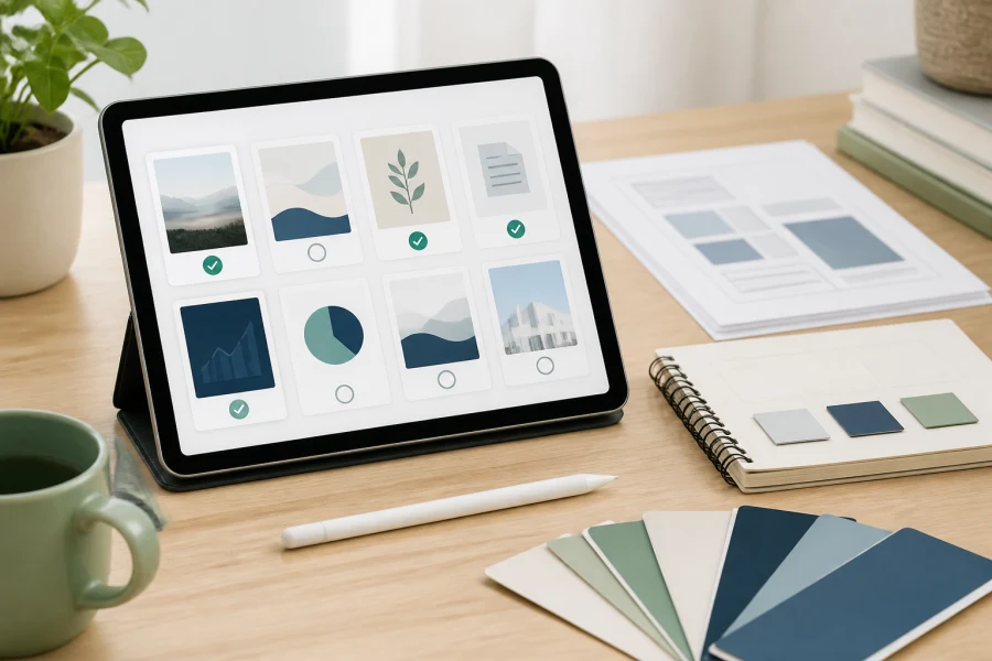 A tablet showing a neat grid of selected digital resource cards on a clean desk.