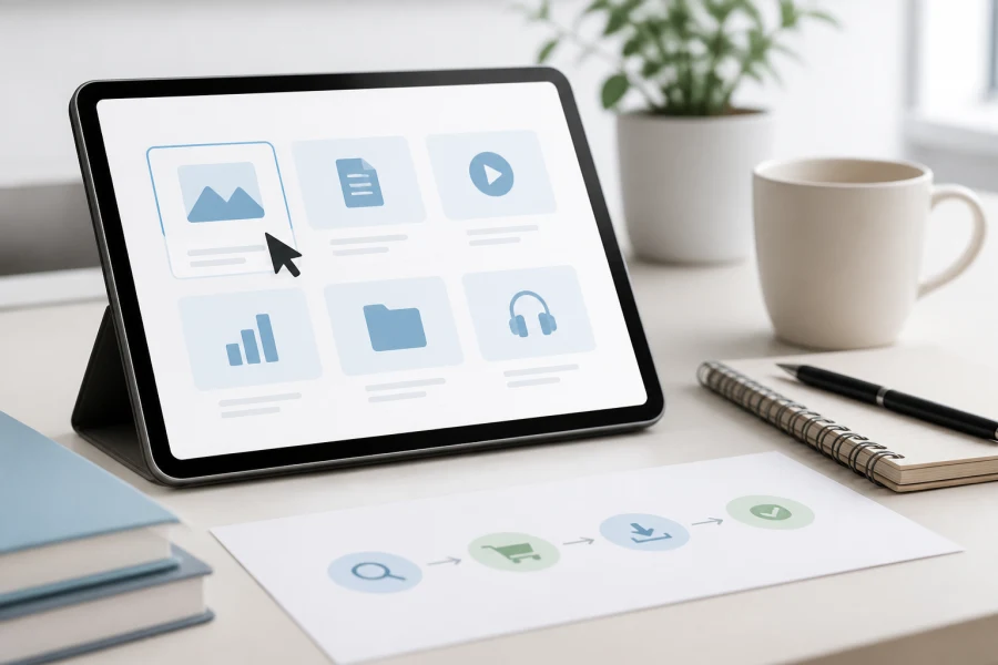 A tablet showing simple resource cards and an easy browsing path on a bright desk.
